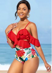 Red swimwear,Plants swimwear,Spaghetti Strap Flounce High Waisted Bikini Set