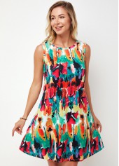 Multi Color dresses,Rainbow Color dresses,Floral dresses,Everyday dresses,Casual dresses,ROTITA Printed Round Neck Multi Color A Line Dress