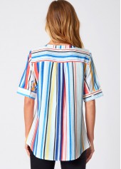 Multi Color tops,Striped tops,ROTITA Double Pocket Rainbow Stripe Round Neck Blouse