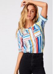 Multi Color tops,Striped tops,ROTITA Double Pocket Rainbow Stripe Round Neck Blouse