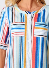 Multi Color tops,Striped tops,ROTITA Double Pocket Rainbow Stripe Round Neck Blouse