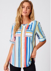 ROTITA Double Pocket Rainbow Stripe Round Neck Blouse