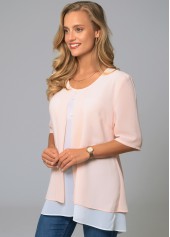 Pink tops,Contrast Color tops,ROTITA Decorative Button Layered Round Neck Blouse