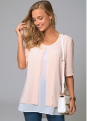 Pink tops,Contrast Color tops,ROTITA Decorative Button Layered Round Neck Blouse