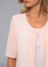 Pink tops,Contrast Color tops,ROTITA Decorative Button Layered Round Neck Blouse