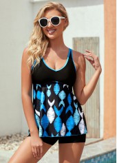 Blue swimwear,Geometric swimwear,ROTITA Geometric Print Wide Strap Contrast Stitch Tankini Set 