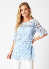 Blue tops,Plain Color tops,ROTITA Round Neck Lace Stitching Asymmetric Hem Blouse