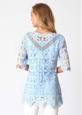 Blue tops,Plain Color tops,ROTITA Round Neck Lace Stitching Asymmetric Hem Blouse