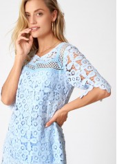 Blue tops,Plain Color tops,ROTITA Round Neck Lace Stitching Asymmetric Hem Blouse