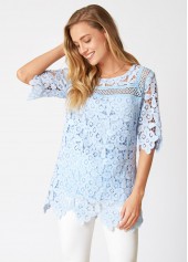 Blue tops,Plain Color tops,ROTITA Round Neck Lace Stitching Asymmetric Hem Blouse