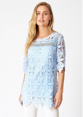 Blue tops,Plain Color tops,ROTITA Round Neck Lace Stitching Asymmetric Hem Blouse