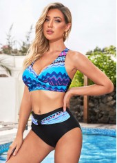 Blue swimwear,Geometric swimwear,ROTITA High Waisted Front Cross Tribal Print Bikini Set