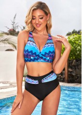 Blue swimwear,Geometric swimwear,ROTITA High Waisted Front Cross Tribal Print Bikini Set