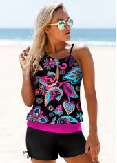 Multi Color swimwear,Paisley swimwear,ROTITA Drawstring Side Paisley Print Spaghetti Strap Tankini Set