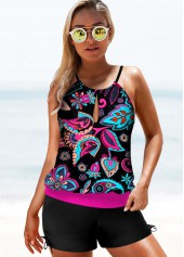 Multi Color swimwear,Paisley swimwear,ROTITA Drawstring Side Paisley Print Spaghetti Strap Tankini Set