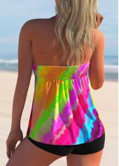 Hot Pink swimwear,Striped swimwear,ROTITA Halter Rainbow Stripe Smocked Tankini Set 
