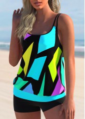 Cyan swimwear,Geometric swimwear,ROTITA Geometric Print Colorful Double Straps Tankini Set 