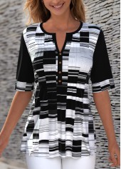 ROTITA Geometric Print Contrast Split Neck T Shirt