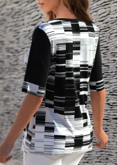 Black tops,Geometric tops,ROTITA Geometric Print Contrast Split Neck T Shirt
