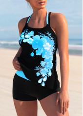 Cyan swimwear,Floral swimwear,ROTITA Cross Strap Floral Print Halter Tankini Set 
