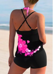 Hot Pink swimwear,Floral swimwear,ROTITA Cross Strap Floral Print Halter Tankini Set