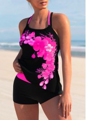 Hot Pink swimwear,Floral swimwear,ROTITA Cross Strap Floral Print Halter Tankini Set