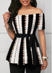 ROTITA Striped Boat Neck Short Sleeve Blouse