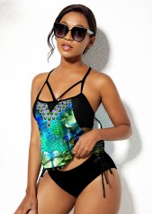 Leopard swimwear,ROTITA Leopard Spaghetti Strap Drawstring Side Tankini Set