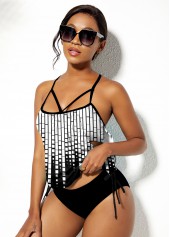Multi Color swimwear,Geometric swimwear,ROTITA Spaghetti Strap Geometric Print Drawstring Side Tankini Set