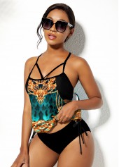 Multi Color swimwear,Floral swimwear,ROTITA Baroque Print Spaghetti Strap Drawstring Side Tankini Set