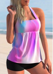 Pink swimwear,Tie Dye swimwear,ROTITA Halter Smocked Tie Dye Print Tankini Set 