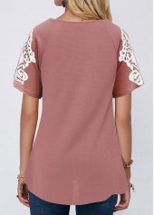 Pink tops,Contrast Color tops,V Neck Lace Stitching Short Sleeve T Shirt