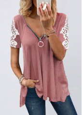 V Neck Lace Stitching Short Sleeve T Shirt