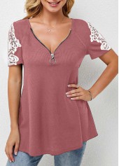 Pink tops,Contrast Color tops,V Neck Lace Stitching Short Sleeve T Shirt