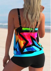 Cyan swimwear,Geometric swimwear,ROTITA Geometric Print Double Straps Colorful Tankini Set