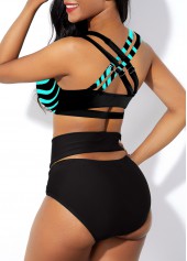 Striped swimwear,ROTITA Cross Strap Striped High Waist Bikini Set