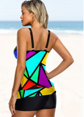 Multi Color swimwear,Rainbow Color swimwear,Geometric swimwear,ROTITA Double Straps Geometric Print Tankini Set 