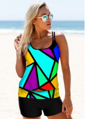Multi Color swimwear,Rainbow Color swimwear,Geometric swimwear,ROTITA Double Straps Geometric Print Tankini Set 