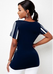 Navy tops,Striped tops,ROTITA Center Shirred Striped Short Sleeve T Shirt