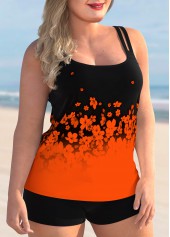 Orange plus size,Black plus size,Floral plus size,Ombre plus size,ROTITA Floral Print Plus Size Double Straps Tankini Set