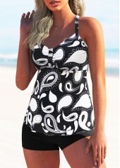 Black swimwear,Animal Print swimwear,Wide Strap Animal Prints Criss Cross Back Tankini Set 