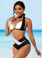 Multi Color swimwear,Contrast Color swimwear,ROTITA Wide Strap Halter High Waisted Bikini Set 