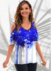 Royal Blue tops,Floral tops,ROTITA Cold Shoulder Floral Print V Neck T Shirt