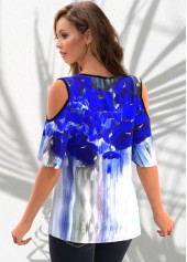 Royal Blue tops,Floral tops,ROTITA Cold Shoulder Floral Print V Neck T Shirt