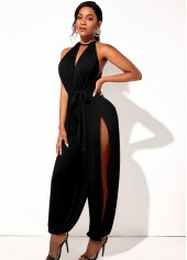 Black jumpsuits & rompers,Plain Color jumpsuits & rompers,ROTITA Belted Side Slit Sleeveless Solid Jumpsuit