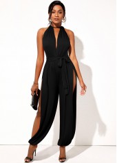 ROTITA Belted Side Slit Sleeveless Solid Jumpsuit