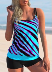 ROTITA Striped Double Straps Cyan Tankini Set 