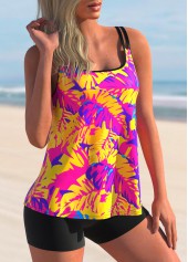 Multi Color swimwear,Plants swimwear,ROTITA Double Straps Tropical Print Tankini Set