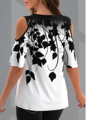 White tops,Plants tops,ROTITA Printed Cold Shoulder V Neck T Shirt
