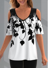 White tops,Plants tops,ROTITA Printed Cold Shoulder V Neck T Shirt